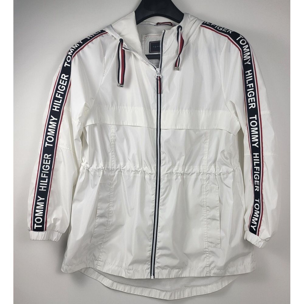 Tommy‎ Hilfiger Jacket Womens Medium White Logo Windbreaker Hooded Coat Ladies